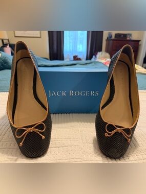 Jack Rogers Black Ballet Flats with Tan Bow Trim